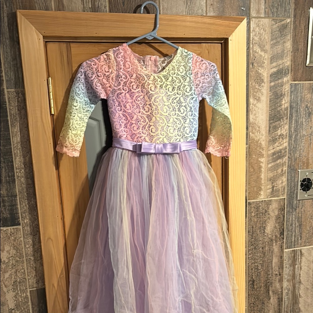 Girls Pastel Lace & Tulle Party Dress with Satin Waist Bow